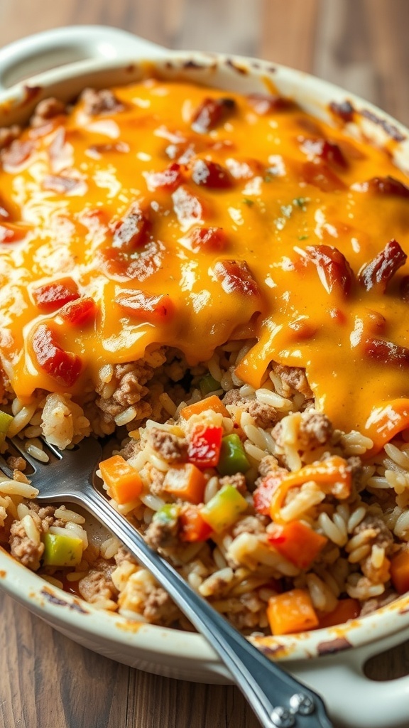 A hearty hamburger rice casserole with ground beef, rice, and mixed vegetables topped with melted cheese.